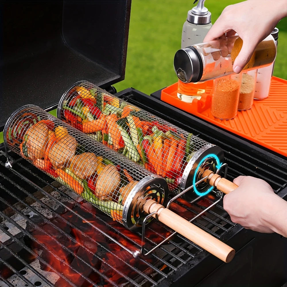 2pcs Stainless Steel Rolling Grill Baskets with Removable Wooden Handles – Durable 304 Mesh for Vegetables, Shrimp & More – Perfect for BBQ, Camping, and Outdoor Cooking – Great Gift for Dad or Husband, Grilling Accessories for Outdoor Grill