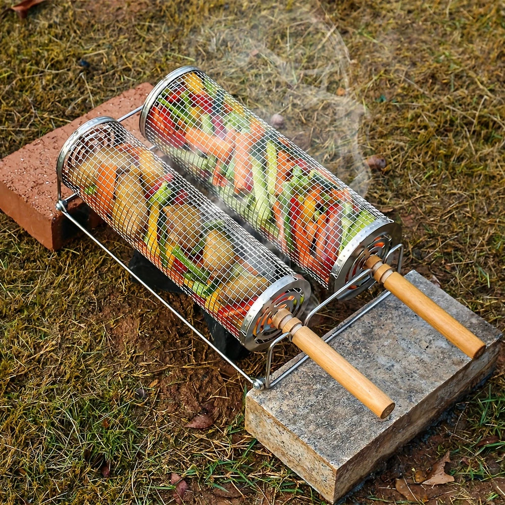 2pcs Stainless Steel Rolling Grill Baskets with Removable Wooden Handles – Durable 304 Mesh for Vegetables, Shrimp & More – Perfect for BBQ, Camping, and Outdoor Cooking – Great Gift for Dad or Husband, Grilling Accessories for Outdoor Grill