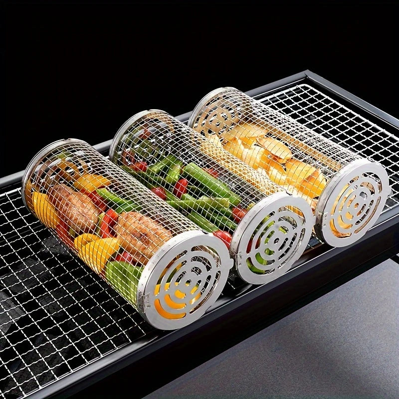 2pcs Stainless Steel Rolling Grill Baskets with Removable Wooden Handles – Durable 304 Mesh for Vegetables, Shrimp & More – Perfect for BBQ, Camping, and Outdoor Cooking – Great Gift for Dad or Husband, Grilling Accessories for Outdoor Grill