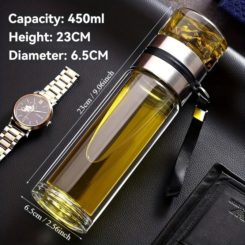Double-Wall Borosilicate Glass Tea Cup, Stainless Steel Infuser, Portable Tea Separation Brewing Cup, Anti-Scald, Heat-Insulating, Transparent Office & Outdoor Water Mug, Business-Grade Car Mountable Drinkware