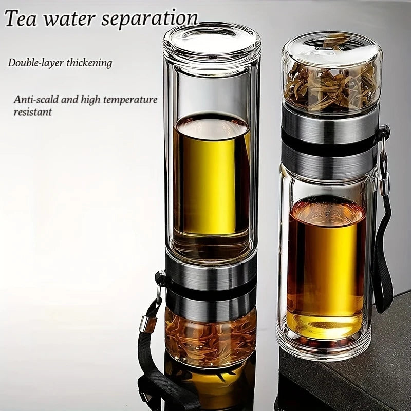 Double-Wall Borosilicate Glass Tea Cup, Stainless Steel Infuser, Portable Tea Separation Brewing Cup, Anti-Scald, Heat-Insulating, Transparent Office & Outdoor Water Mug, Business-Grade Car Mountable Drinkware