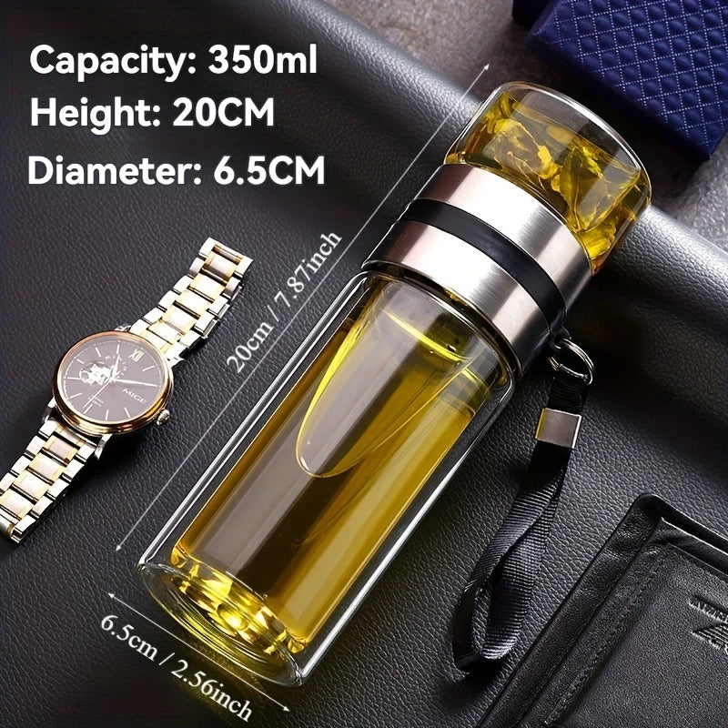 Double-Wall Borosilicate Glass Tea Cup, Stainless Steel Infuser, Portable Tea Separation Brewing Cup, Anti-Scald, Heat-Insulating, Transparent Office & Outdoor Water Mug, Business-Grade Car Mountable Drinkware