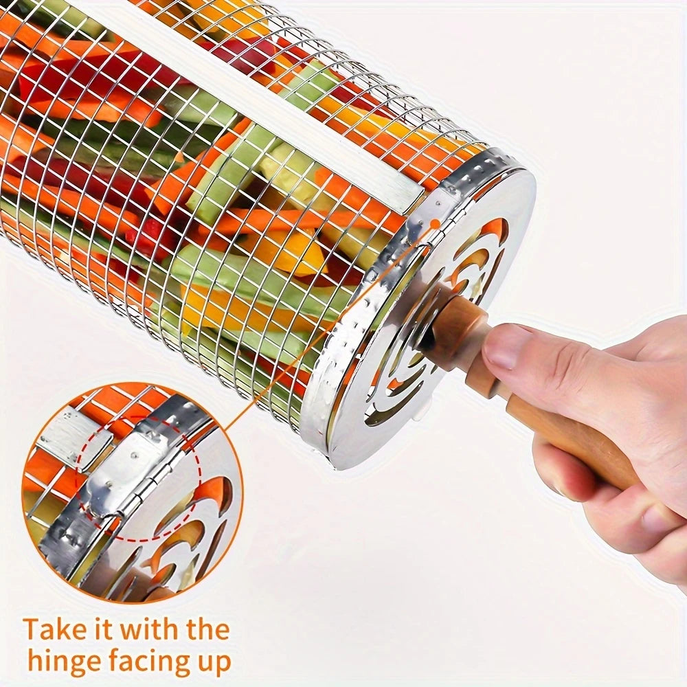 2pcs Stainless Steel Rolling Grill Baskets with Removable Wooden Handles – Durable 304 Mesh for Vegetables, Shrimp & More – Perfect for BBQ, Camping, and Outdoor Cooking – Great Gift for Dad or Husband, Grilling Accessories for Outdoor Grill