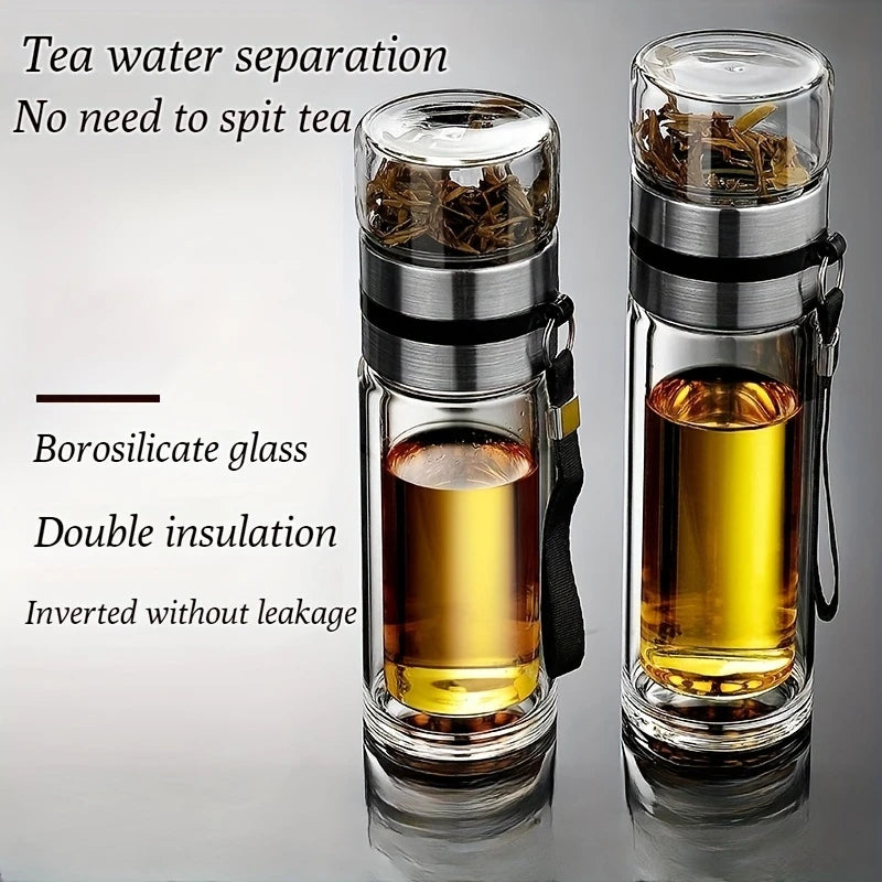 Double-Wall Borosilicate Glass Tea Cup, Stainless Steel Infuser, Portable Tea Separation Brewing Cup, Anti-Scald, Heat-Insulating, Transparent Office & Outdoor Water Mug, Business-Grade Car Mountable Drinkware