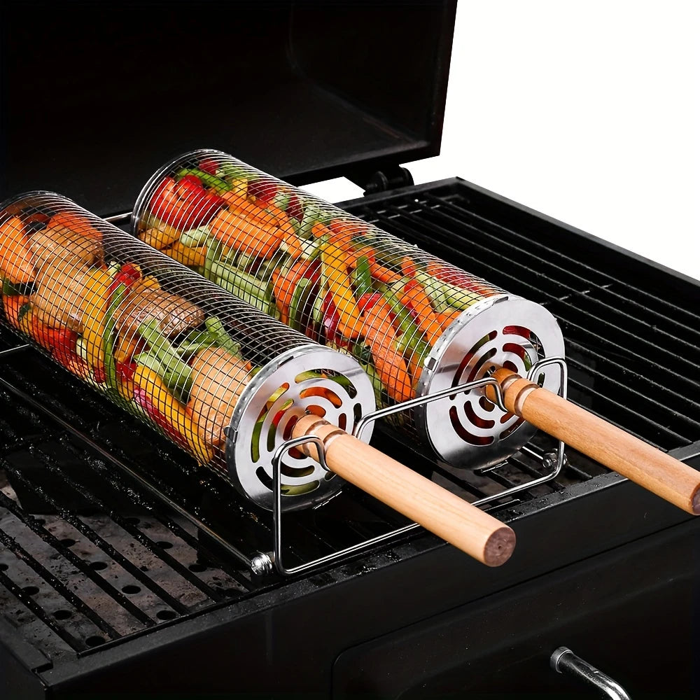 2pcs Stainless Steel Rolling Grill Baskets with Removable Wooden Handles – Durable 304 Mesh for Vegetables, Shrimp & More – Perfect for BBQ, Camping, and Outdoor Cooking – Great Gift for Dad or Husband, Grilling Accessories for Outdoor Grill